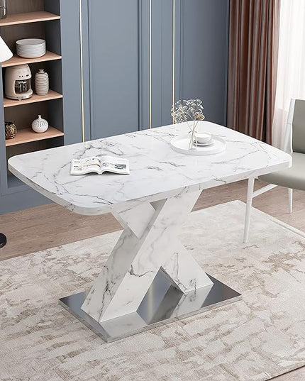 NicBex Dining Table Contemporary Kitchen Table Farmhouse Rustic Square Dining Table, Stretchable, White Marble Table Top+MDF X-Shape Table Leg with Metal Base, Easy Assembly, White - LeafyLoom