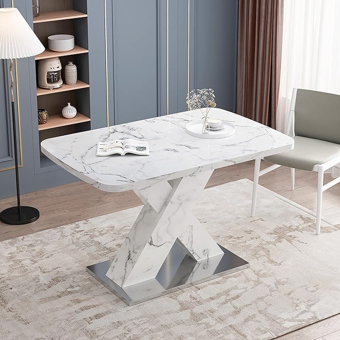 NicBex Dining Table Contemporary Kitchen Table Farmhouse Rustic Square Dining Table, Stretchable, White Marble Table Top+MDF X-Shape Table Leg with Metal Base, Easy Assembly, White - LeafyLoom