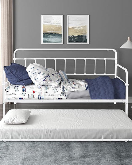 Twin Size Bed W/slats,Metal Frame Daybed with Trundle and Anti-Noise Design,Space-Saving & Easy to Install,for Living Room Bedroom Apartment,White - LeafyLoom