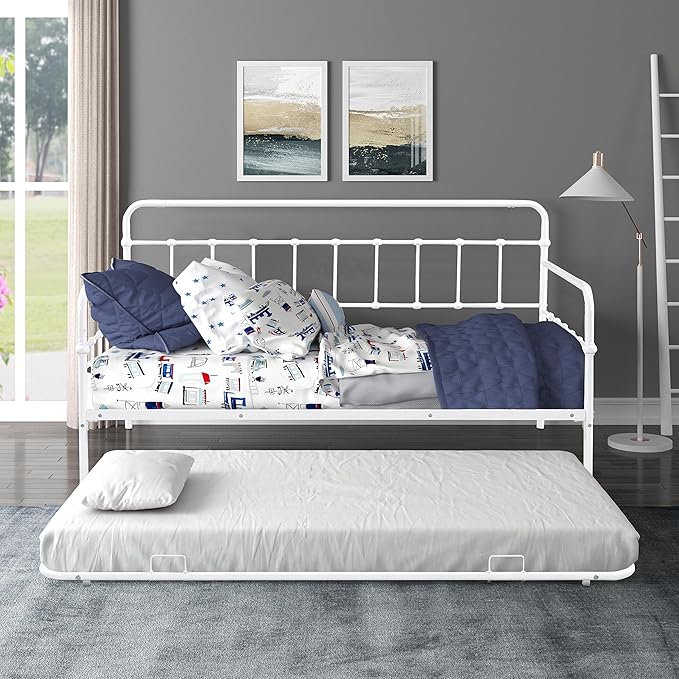 Twin Size Bed W/slats,Metal Frame Daybed with Trundle and Anti-Noise Design,Space-Saving & Easy to Install,for Living Room Bedroom Apartment,White - LeafyLoom