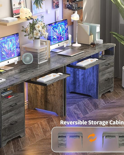 55 Inch Computer Desk with Smart LED Light and Power Outlet, Reversible Office Desk with File Cabinet, Modern Sturdy Writing Table Gaming Desk with Drawers and Keyboard Tray, Black Oak - LeafyLoom