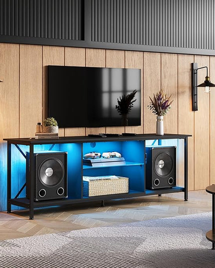 WLIVE TV Stand up to 65 Inch TV, 55" Entertainment Center with LED, Industrial TV Console with Glass Shelf for Living Room and Bedroom, Black - LeafyLoom