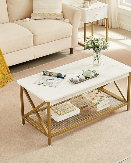 VECELO Coffee Table with Storage Shelf for Living Room,Industrial Style,Easy Assembly, Gold - LeafyLoom