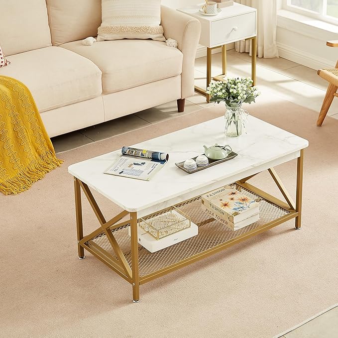 VECELO Coffee Table with Storage Shelf for Living Room,Industrial Style,Easy Assembly, White Gold - LeafyLoom