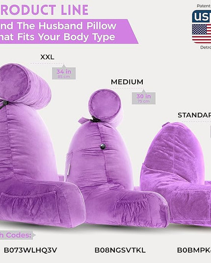 XXL Husband Pillow Light Purple Backrest with Arms - Adult Reading Pillow Shredded Memory Foam, Ultra-Comfy Removable Microplush Cover & Detachable Neck Roll, Unmatched Support Sit Up Bed Chair Pillow - LeafyLoom
