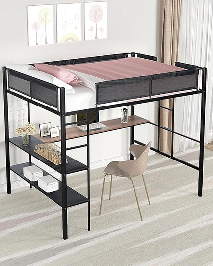 Metal Full Size Loft Bed with Desk & Shelves,Sturdy-Metal Bed-Frame,Noise-free Wood Slats,Comfortable Textilene Guardrail,Built-in Desk, 2-tier-Shelves & Grid Panel,2 Side Ladders,Black - LeafyLoom