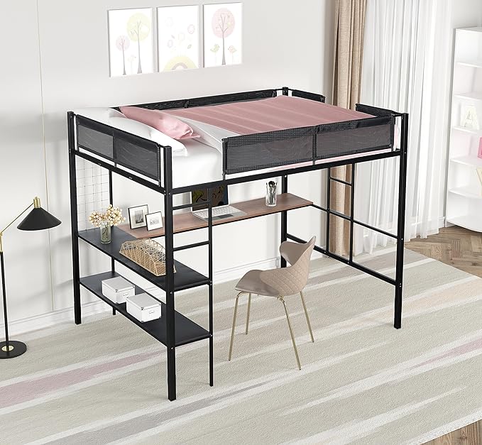 Metal Full Size Loft Bed with Desk & Shelves,Sturdy-Metal Bed-Frame,Noise-free Wood Slats,Comfortable Textilene Guardrail,Built-in Desk, 2-tier-Shelves & Grid Panel,2 Side Ladders,Black - LeafyLoom