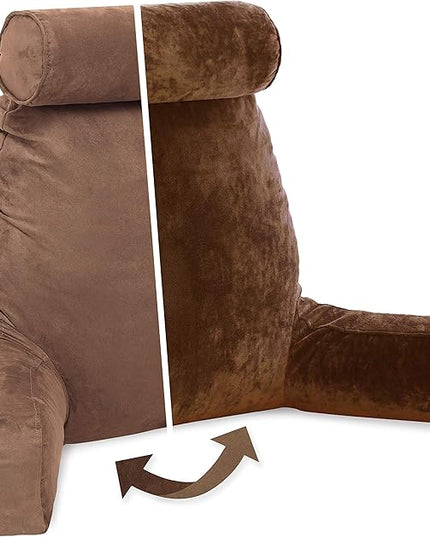Husband Pillow XXL Cover Aspen Edition Saddle Brown, Reversible Microfiber to Microsuede, Side & Back Pockets - Handle for Easy Transport - Super Cozy Bed Rest Pillow Cover with Arms - Easy Care - LeafyLoom