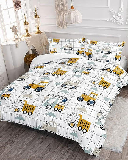 Datura home Construction Truck Set for Boys Kids Children, Machinery Excavators Vehicles Cartoon Tractor Bedding with 1 and 2 Pillowcases(ConstructionTruck Full), Full 80x90inches - LeafyLoom