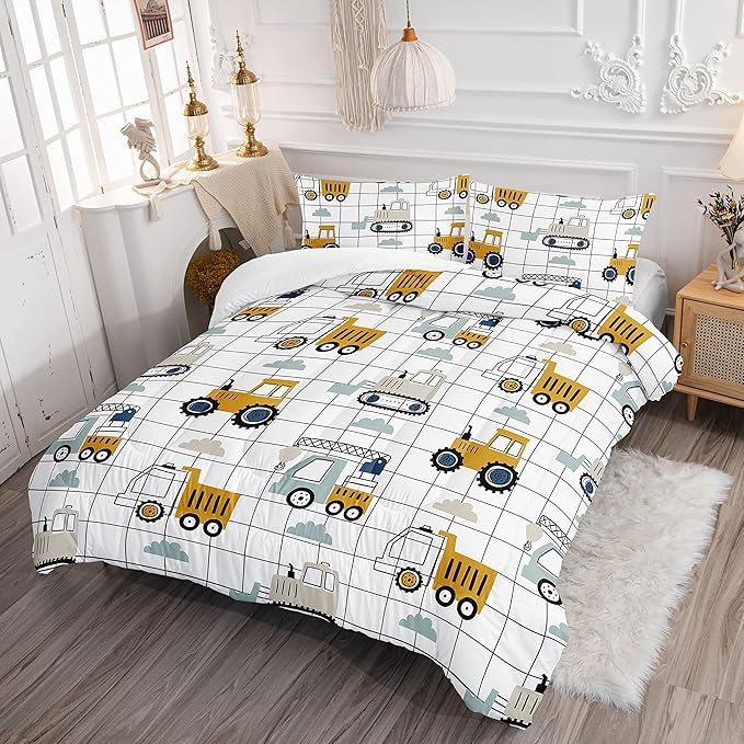 Datura home Construction Truck Comforter Set for Boys Kids Children,Machinery Truck Excavators Vehicles Cartoon Tractor Bedding Set with 1 Comforter and 2 Pillowcases(Construction Truck Twin) 68x86in - LeafyLoom
