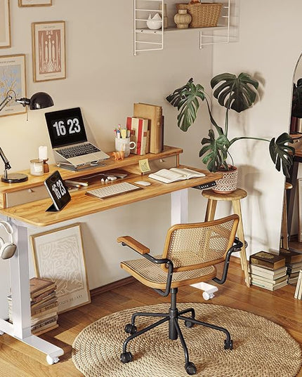 FEZIBO 60 x 24 Inch Height Adjustable Electric Standing Desk with Double Drawer, Stand Up Desk with Storage Shelf, Sit Stand Desk, Light Rustic - LeafyLoom