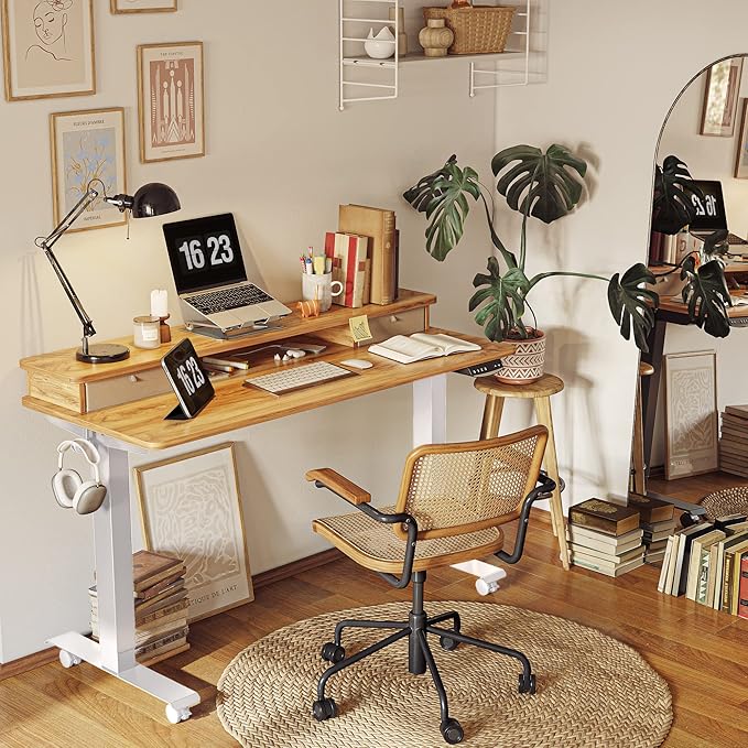 FEZIBO 60 x 24 Inch Height Adjustable Electric Standing Desk with Double Drawer, Stand Up Desk with Storage Shelf, Sit Stand Desk, Light Rustic - LeafyLoom