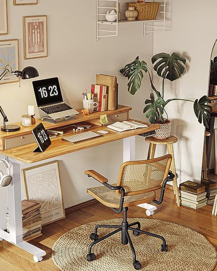 FEZIBO 48 x 24 Inch Height Adjustable Electric Standing Desk with Double Drawer, Stand Up Desk with Storage Shelf, Sit Stand Desk, Light Rustic - LeafyLoom