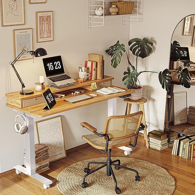 FEZIBO 48 x 24 Inch Height Adjustable Electric Standing Desk with Double Drawer, Stand Up Desk with Storage Shelf, Sit Stand Desk, Light Rustic - LeafyLoom