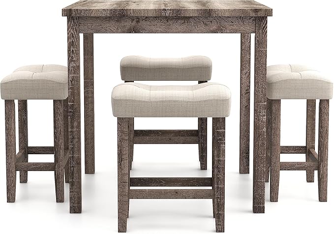 Furniture of America Colt Transitional Solid Wood 5-Piece Counter Height Set, Includes Square Table and 4 Beige Upholstered Stools for Kitchen, Dining Room, Gray - LeafyLoom