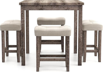 Furniture of America Colt Transitional Solid Wood 5-Piece Counter Height Set, Includes Square Table and 4 Beige Upholstered Stools for Kitchen, Dining Room, Gray with Care Kit - LeafyLoom