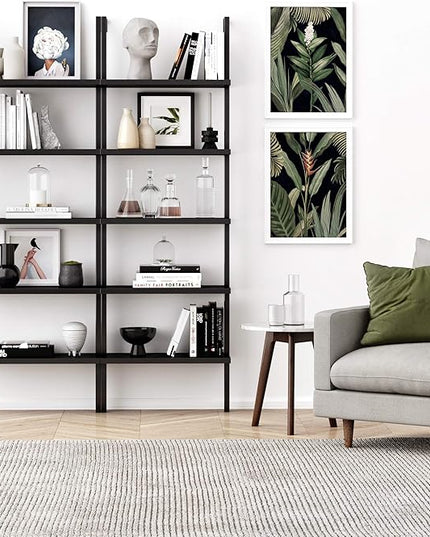 Nathan James Theo 5-Shelf Black Modern Bookcase, Open Wall Mount Ladder Bookshelf with Industrial Metal Frame - LeafyLoom