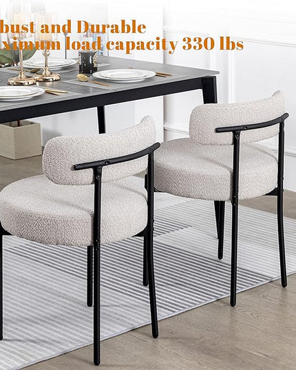 DYHOME Light Grey Dining Chairs Set of 2, Modern Dining Room Chairs Mid-Century, Round Upholstered Kitchen Chairs, Boucle Sherpa Dining Chair with Black Metal Legs - LeafyLoom