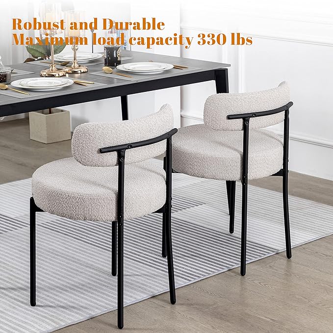 DYHOME Light Grey Dining Chairs Set of 2, Modern Dining Room Chairs Mid-Century, Round Upholstered Kitchen Chairs, Boucle Sherpa Dining Chair with Black Metal Legs - LeafyLoom