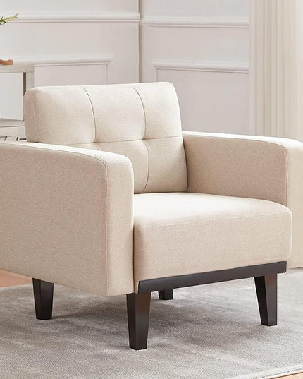 Mid-Century Modern Cream Accent Chair Set of 2, Oversized Upholstered Single Sofa Chair with Wood Base and Wood Legs, Comfy Living Room Armchairs for Apartment Bedroom Office Study, Ivory/Beige - LeafyLoom