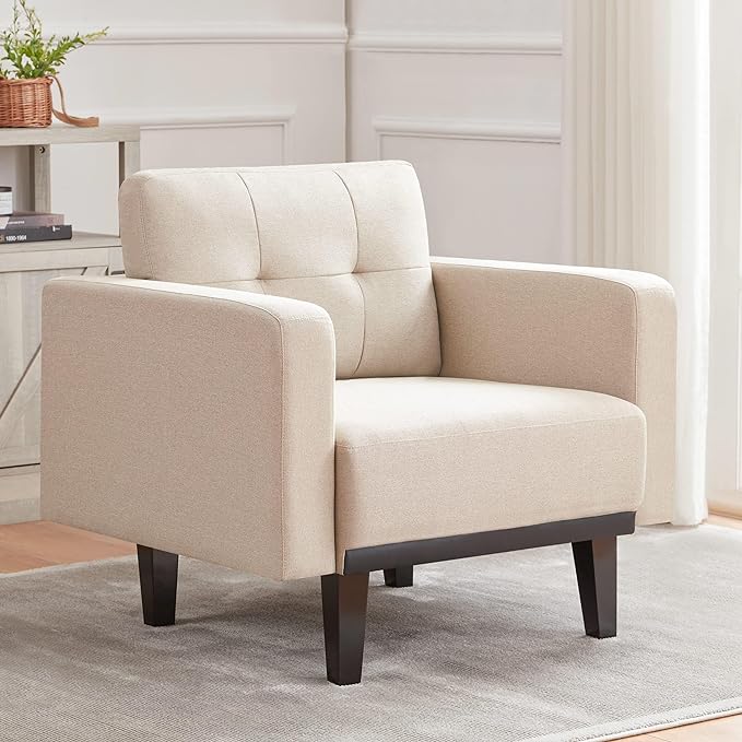 Mid-Century Modern Cream Accent Chair Set of 2, Oversized Upholstered Single Sofa Chair with Wood Base and Wood Legs, Comfy Living Room Armchairs for Apartment Bedroom Office Study, Ivory/Beige - LeafyLoom