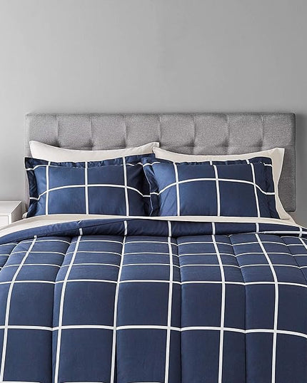 Amazon Basics Lightweight Microfiber Bed-in-a-Bag Comforter 7-Piece Bedding Set, Full/Queen, Navy with Grey Plaid - LeafyLoom