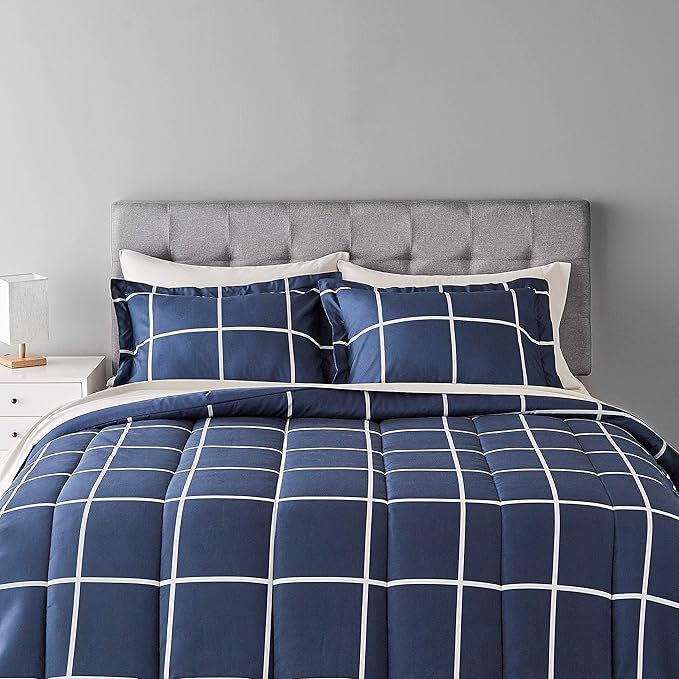 Amazon Basics Lightweight Microfiber Bed-in-a-Bag Comforter 7-Piece Bedding Set, Full/Queen, Navy with Grey Plaid - LeafyLoom
