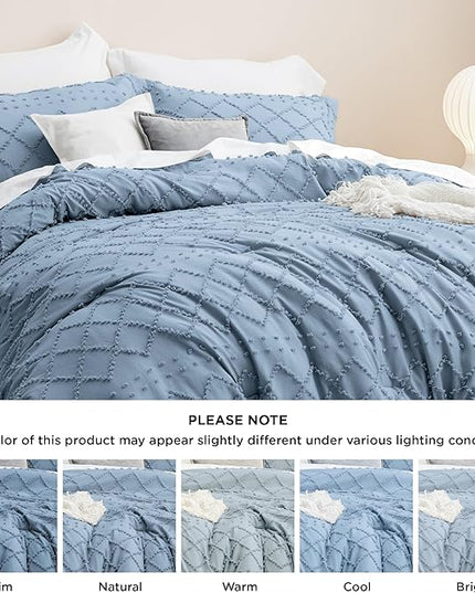 Bedsure Full Size Comforter Set - Grayish Blue Comforter, Boho Tufted Shabby Chic Bedding Comforter Set, 3 Pieces Farmhouse Bed Set for All Seasons, Fluffy Soft Bedding Set with 2 Pillow Shams - LeafyLoom