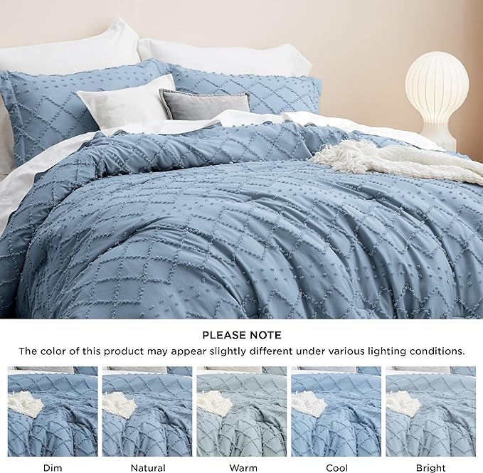 Bedsure Full Size Comforter Set - Grayish Blue Comforter, Boho Tufted Shabby Chic Bedding Comforter Set, 3 Pieces Farmhouse Bed Set for All Seasons, Fluffy Soft Bedding Set with 2 Pillow Shams - LeafyLoom