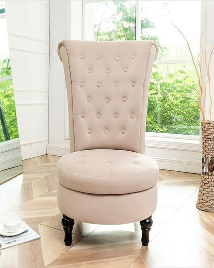Royal High-Back Velvet Accent Chair for Vanity with Storage and Luxurious Upholstery, Retro Design and Versatile Usage for Living Room, Bedroom, Lounge and Office, Ivory - LeafyLoom