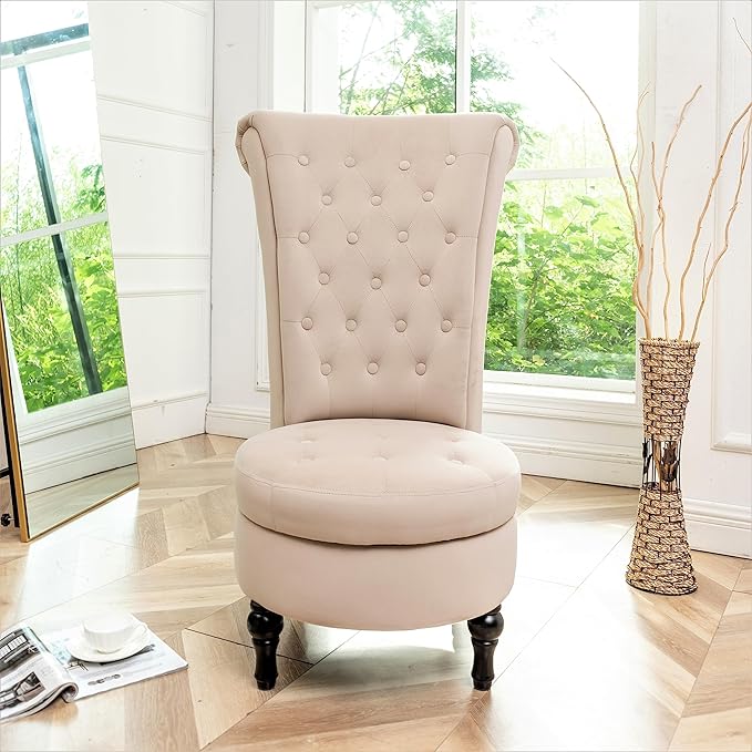 Royal High-Back Velvet Accent Chair for Vanity with Storage and Luxurious Upholstery, Retro Design and Versatile Usage for Living Room, Bedroom, Lounge and Office, Ivory - LeafyLoom
