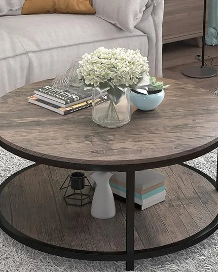Round Coffee Table, 36" Coffee Table for Living Room, 2-Tier Rustic Wood Desktop with Storage Shelf Modern Design Accent Center Table Industrial Sofa Table Home Furniture(Walnut) - LeafyLoom