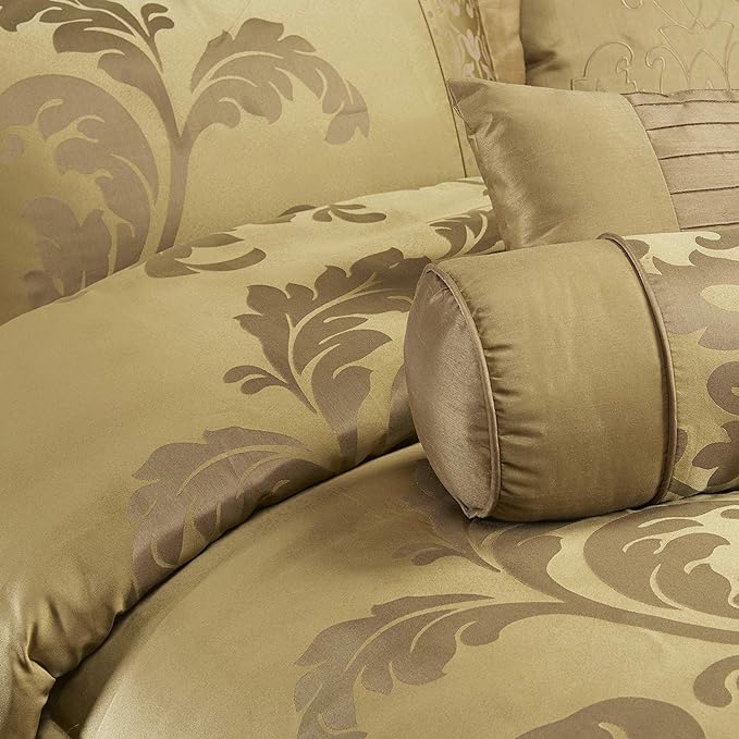 Chezmoi Collection Royale 7-Piece Jacquard Floral Comforter Set, Oversized King, Gold - LeafyLoom