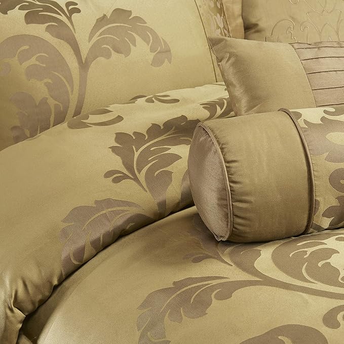 Chezmoi Collection 7-Piece Jacquard Floral Comforter Set (King, Gold) - LeafyLoom