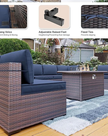 Kullavik 13 Pieces Outdoor Patio Furniture Set with 43" 55000BTU Gas Propane Fire Pit Table PE Wicker Rattan Sectional Sofa Patio Conversation Sets,Navy Blue - LeafyLoom