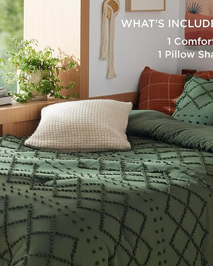Bedsure Twin/Twin XL Comforter Set - Olive Green Boho Twin Extra Long Comforter Set for College, Shabby Chic Dorm Bedding Set, 2 Pieces Modern Farmhouse Bed Set, includes 1 Pillow Sham - LeafyLoom