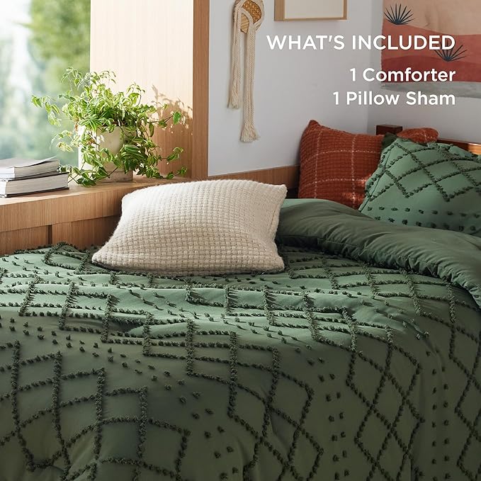 Bedsure Twin/Twin XL Comforter Set - Olive Green Boho Twin Extra Long Comforter Set for College, Shabby Chic Dorm Bedding Set, 2 Pieces Modern Farmhouse Bed Set, includes 1 Pillow Sham - LeafyLoom