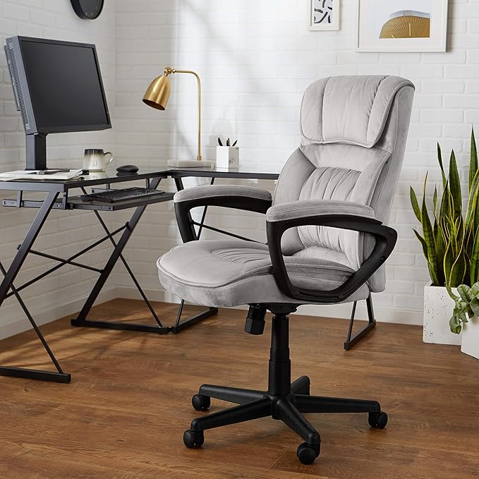 Amazon Basics Classic Office Desk Computer Chair - Adjustable, Swiveling, Ultra-Soft Microfiber, Lumbar Support, 28"D x 25"W x 43.5"H, Light Gray - LeafyLoom