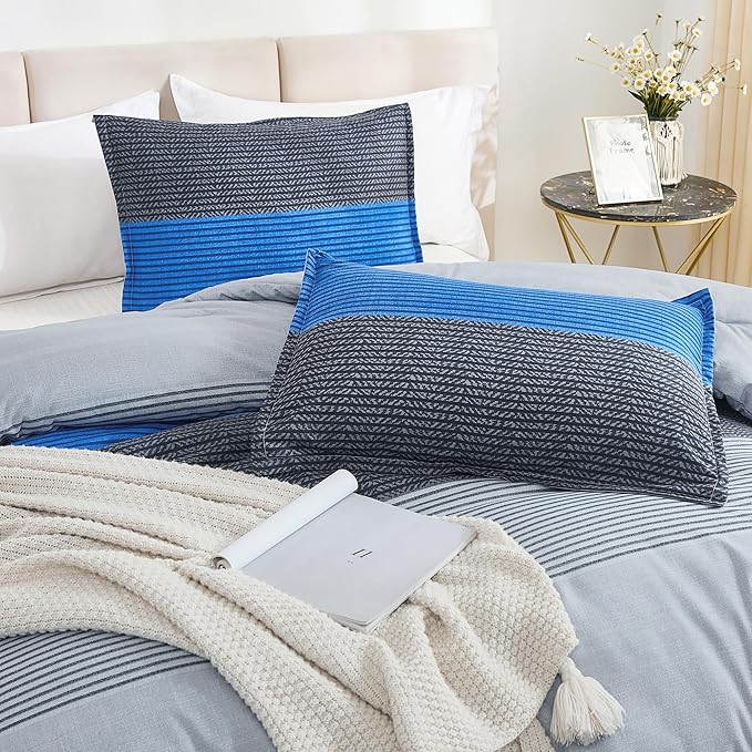 Litanika Bed Comforter Queen Set Grey Blue, Striped Bedding Comforter Set, 3 Pieces Lightweight Soft All Season Down Alternative Comforter (1 Comforter, 2 Pillowcases) - LeafyLoom