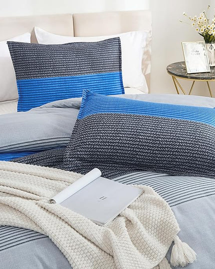 Litanika Bed Comforter Full Set Grey Blue, Striped Bedding Comforter Set, 3 Pieces Lightweight Soft All Season Down Alternative Comforter (1 Comforter, 2 Pillowcases) - LeafyLoom