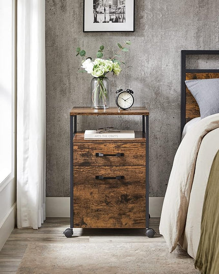 VASAGLE File Cabinet, Mobile Filing Cabinet with Wheels, 2 Drawers, Open Shelf, for A4, Letter Size, Hanging File Folders, Rustic Brown and Ink Black UOFC71X - LeafyLoom
