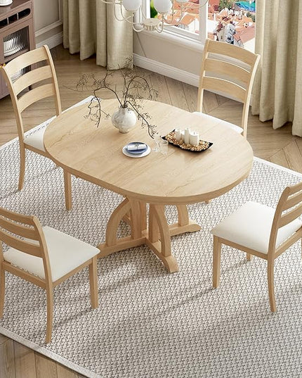 Farmhouse Round Pedestal 15.8" Removable Leaf, Extendable Kitchen w/Ladder Back Chairs, for Small Places, Room, 5 Piece Dining Table Set, Natural 16 - LeafyLoom