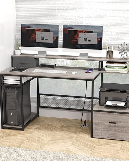 Home Office Desks with Drawers, 66'' Computer Desk with Storage, Office Desk with Monitor Stand, Work Desk with Outlets and USB, Gaming Table Desk with File Cabinet for Home Office Table, Grey - LeafyLoom