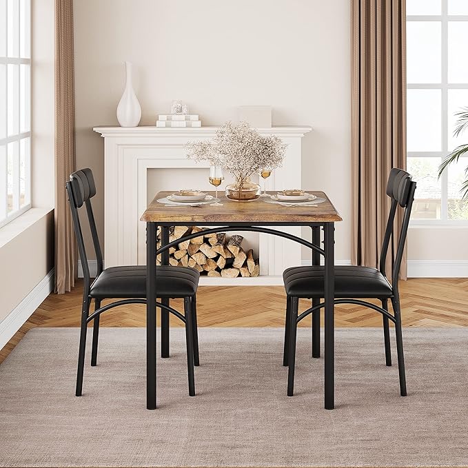 GAOMON Dining Table Set for 2, Kitchen Table and Chairs for 2 with Upholstered Chairs, 3 Piece Dining Room Table Set, Square Kitchen Table Set for Small Space, Apartment, Studio, Rustic Brown - LeafyLoom