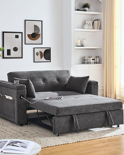 4 in 1 Multifunctional Convertible Loveseat Sleeper Sofa Bed,Soft Chenille Tufted Love Seats Sofabed W/Pull Out Sleep Couch,Armrests Storage,Cupholders,USB Ports,Pillows and Side Pockets - LeafyLoom