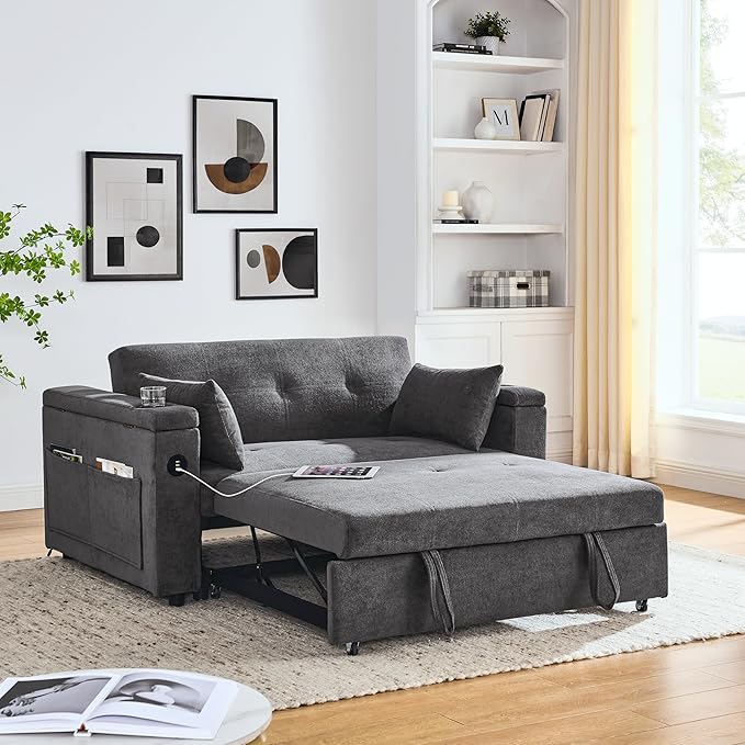 4 in 1 Multifunctional Convertible Loveseat Sleeper Sofa Bed,Soft Chenille Tufted Love Seats Sofabed W/Pull Out Sleep Couch,Armrests Storage,Cupholders,USB Ports,Pillows and Side Pockets - LeafyLoom