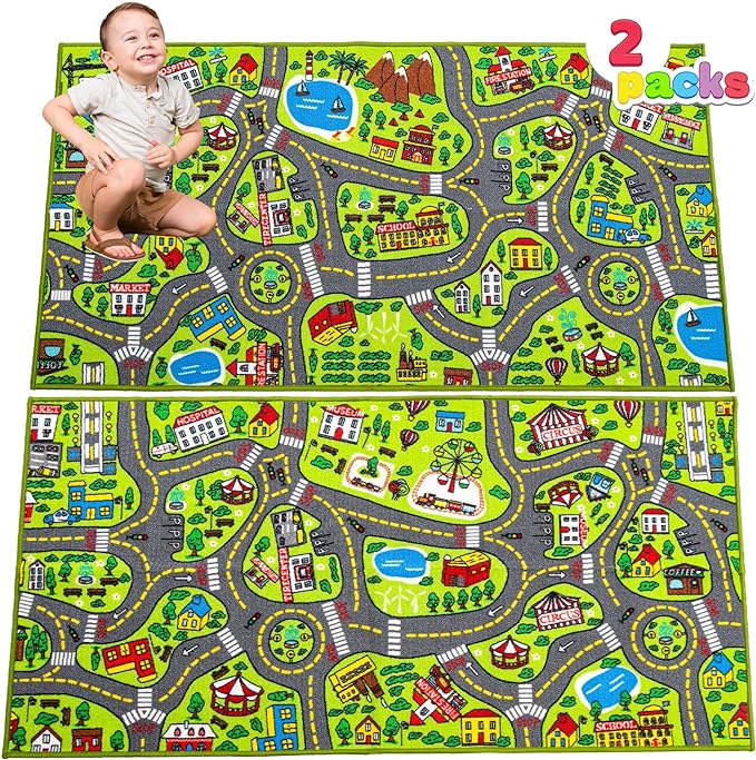 JOYIN 2 Pack Playmat City Life Carpet for Kids Age 3+, Jumbo Play Room Rug, City Pretend Play - LeafyLoom