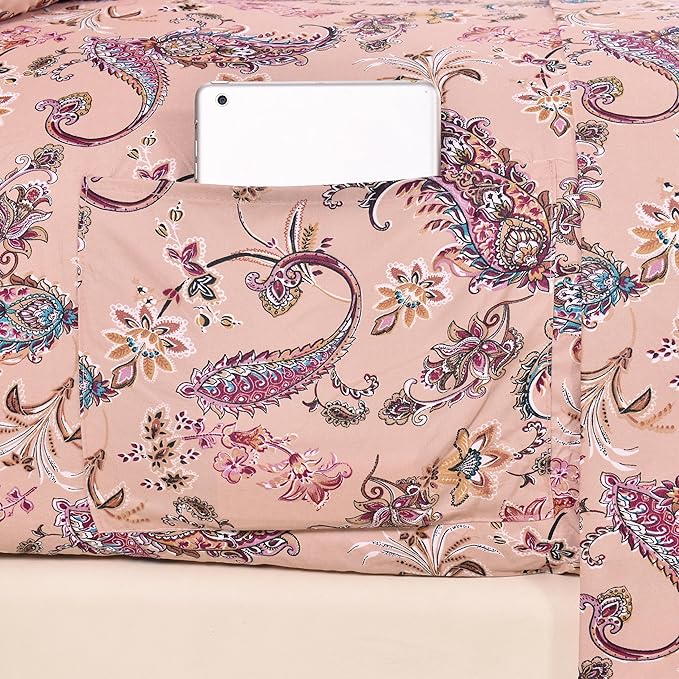 Elegant Comfort Softest and Coziest 6-Piece Sheet Set - 1500 Premium Hotel Quality Microfiber - Deep Pocket, Wrinkle Resistant 6-Piece Paisley Pattern Bed Sheet Set, Full, Paisley Coral - LeafyLoom