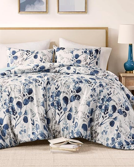 Codi Floral Queen Comforter Set for Womens, Spring Lavender Bedding Sets with Soft Seersucker 3pcs - 1 Flower Comforters and 2 Pillows Case, Blue - LeafyLoom