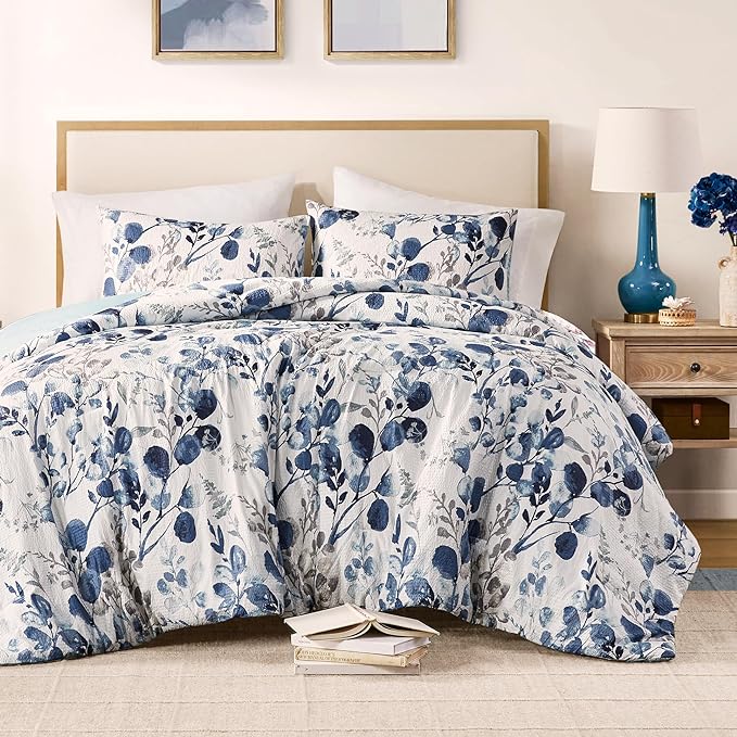 Codi Floral Queen Comforter Set for Womens, Spring Lavender Bedding Sets with Soft Seersucker 3pcs - 1 Flower Comforters and 2 Pillows Case, Blue - LeafyLoom